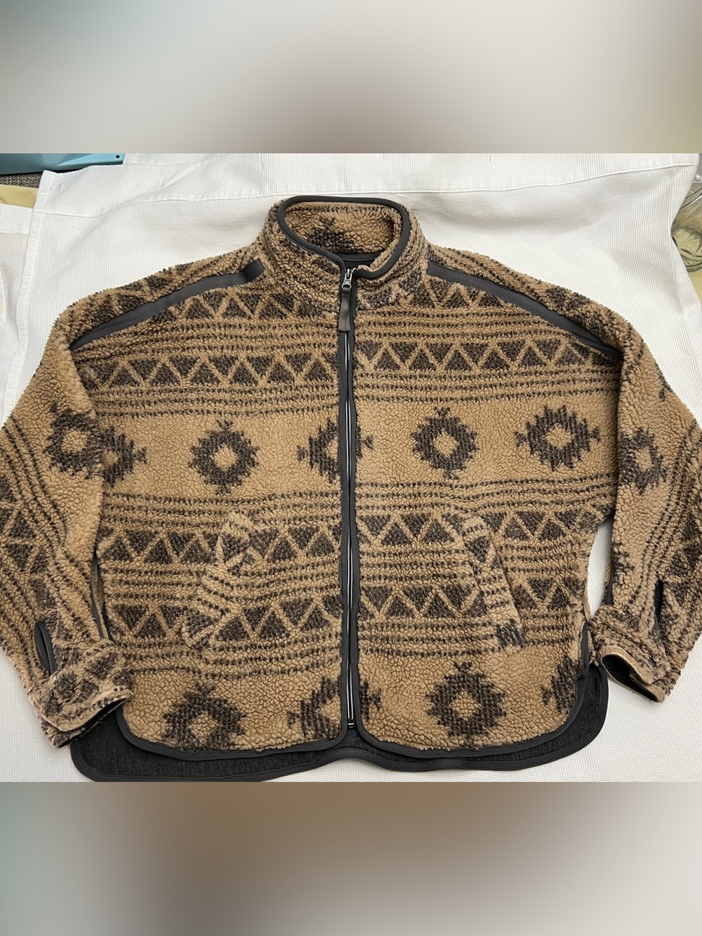 Altar’d State Tan & Gray Patterned Sherpa Zip-Up Sweater Jacket XS